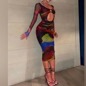 House of CB Marina Midi Mesh Cutout Bodycon Dress Size M